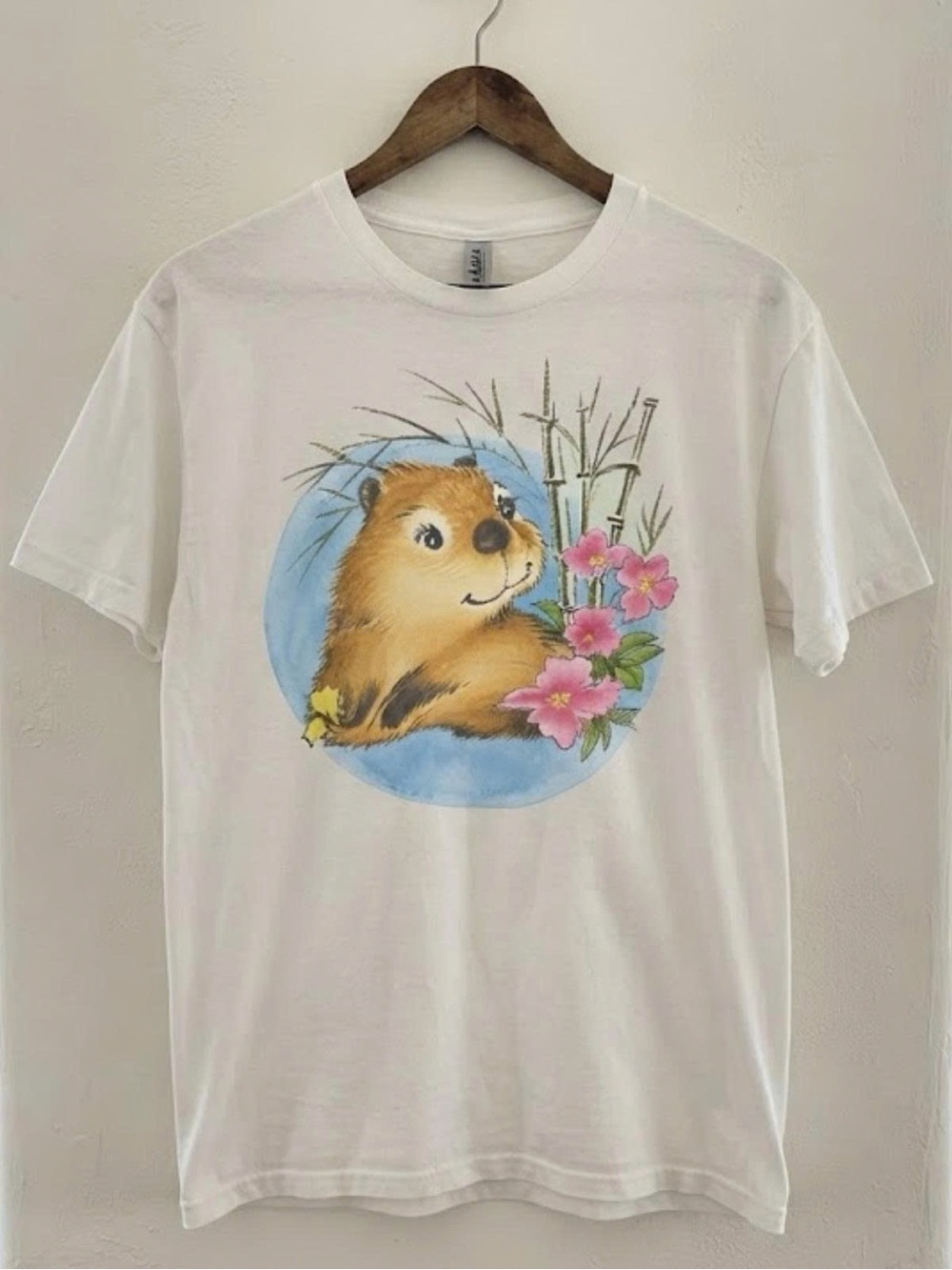 Gildan White Tee with Cute Brown Rodent and Floral Graphic